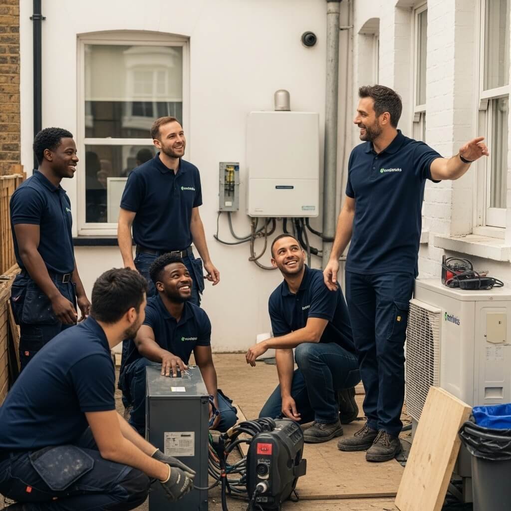 Group of Power Up Homes installers in branded uniforms gathered outside a home, discussing plans beside an air source heat pump and tools.