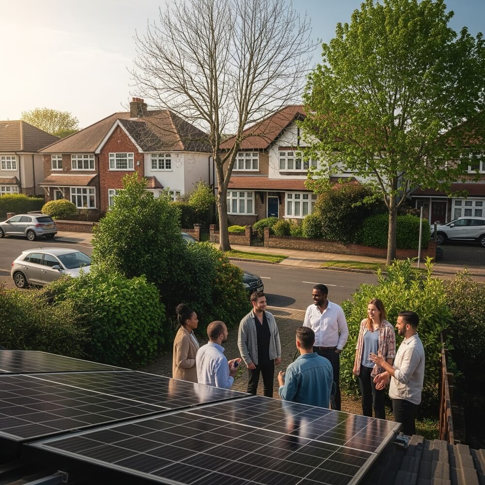 Neighbours standing outside a suburban home with solar panels visible on the roof, talking with a Power Up Homes representative about joining the community energy project.