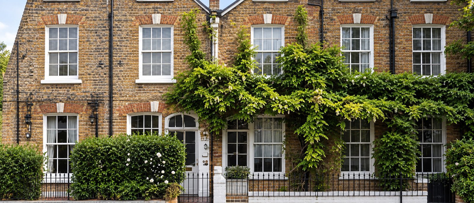 A row of older brick homes with front gardens and greenery